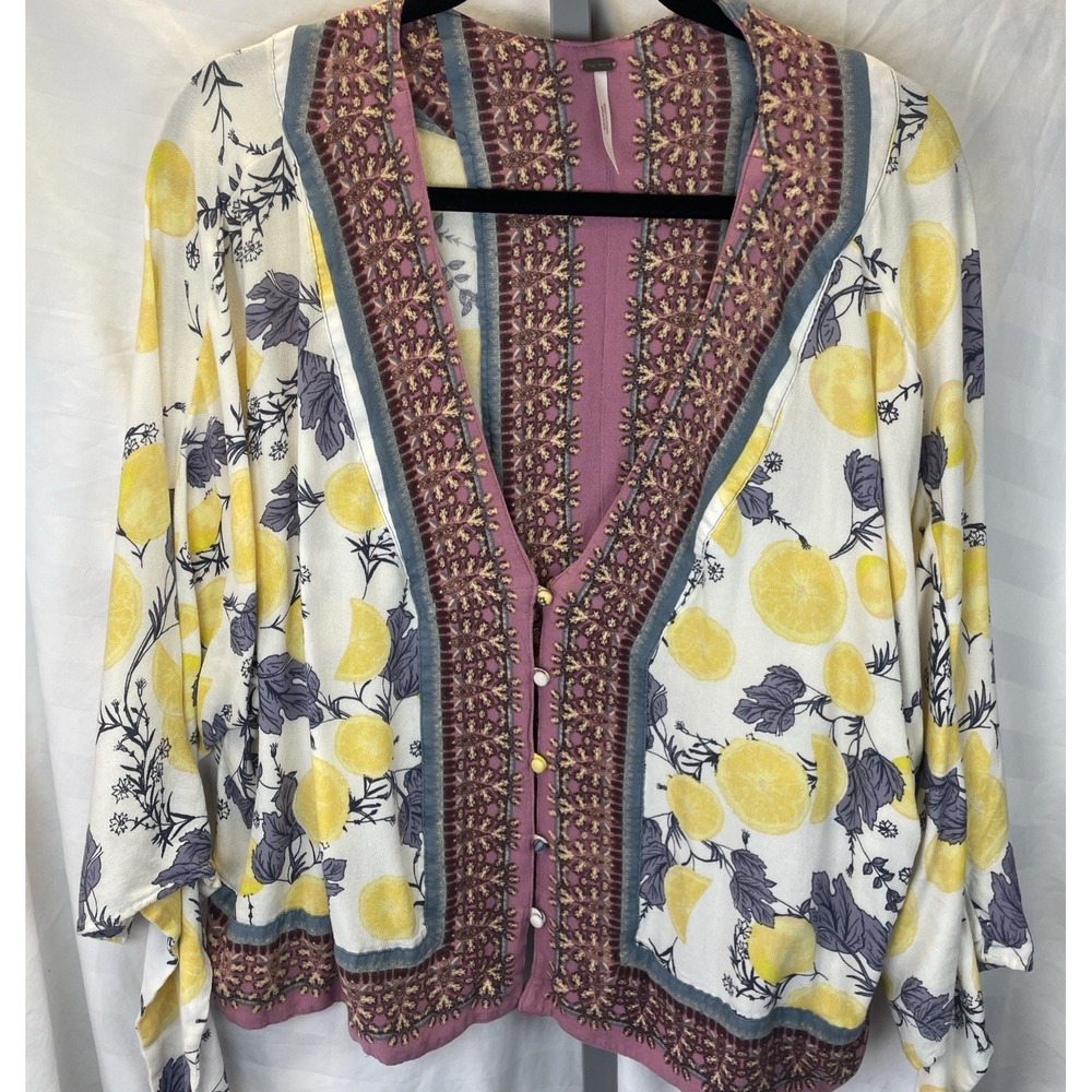 Free People‎ Blouse Womens L Multicolor Freshly Squeezed Printed Top Lemons